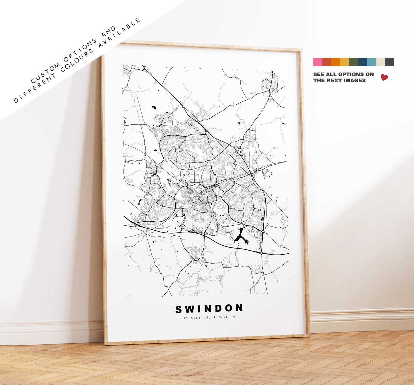 Swindon Map Print - Minimalist City Map Poster - Map Art - UK - Swindon Print - Swindon Poster - Different Colours Available