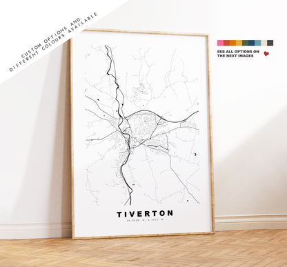 Tiverton Map Print - Minimalist City Map Poster - Map Art - UK - Tiverton Print - Tiverton Poster - Different Colours Available