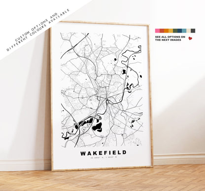 Wakefield Map Print - Minimalist City Map Poster - Map Art - UK - Wakefield Print - Wakefield Poster - Different Colours Available