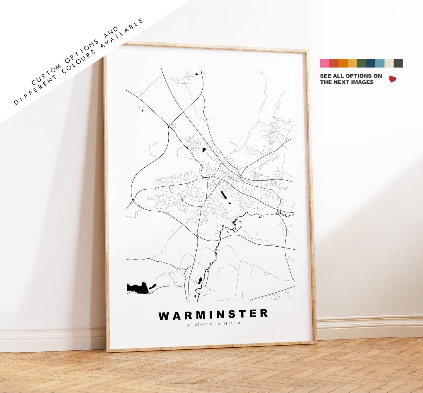 Warminster Map Print - Minimalist City Map Poster - Map Art - UK - Warminster Print - Warminster Poster - Different Colours Available