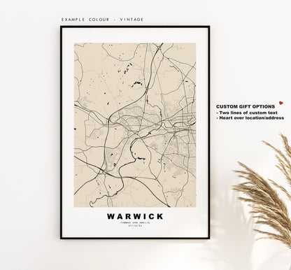 Warwick Map Print - Minimalist City Map Poster - Map Art - UK - Warwick Print - Warwick Poster - Different Colours Available