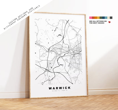 Warwick Map Print - Minimalist City Map Poster - Map Art - UK - Warwick Print - Warwick Poster - Different Colours Available