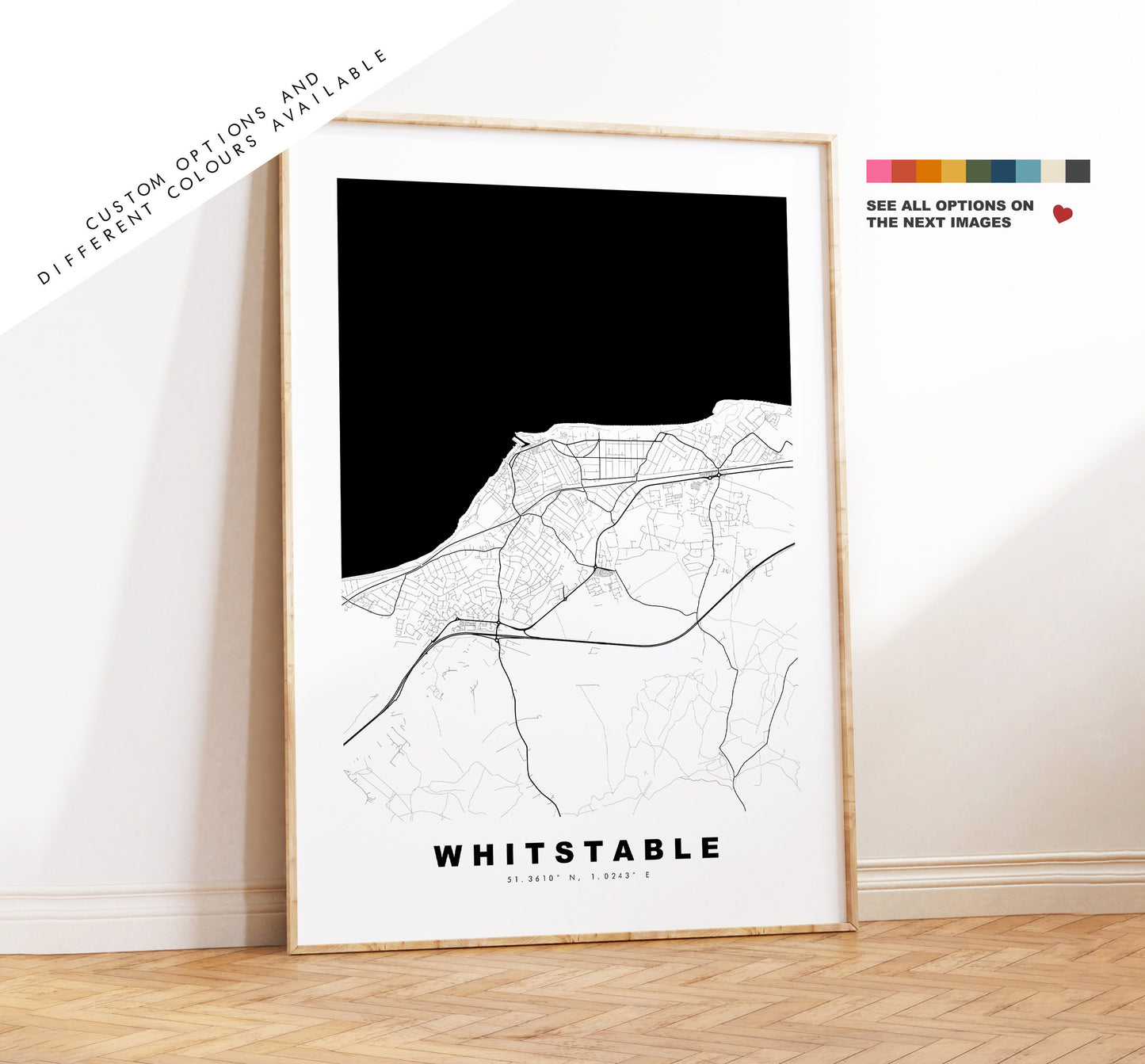 Whitstable Map Print - Minimalist City Map Poster - Map Art - UK - Whitstable Print - Whitstable Poster - Different Colours Available