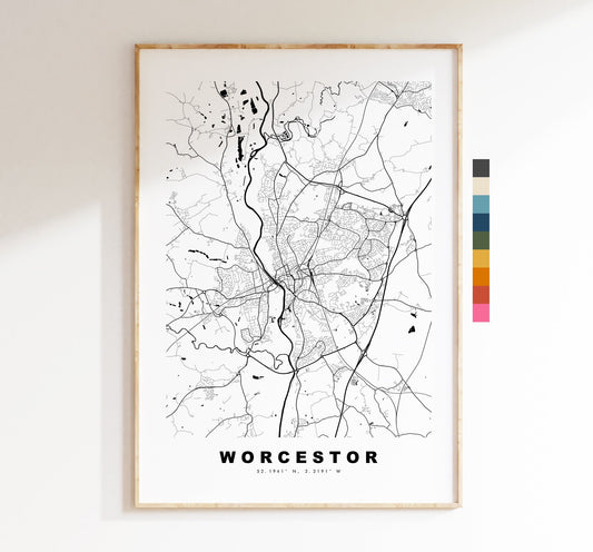 Worcestor Map Print - Minimalist City Map Poster - Map Art - UK - Worcestor Print - Worcestor Poster - Different Colours Available