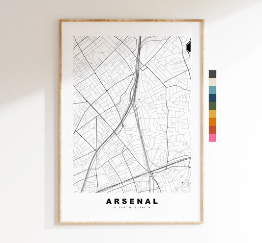 Arsenal Map Print - Minimalist City Map Poster - Map Art - London, UK - Arsenal Print - Arsenal Poster - Different Colours Available