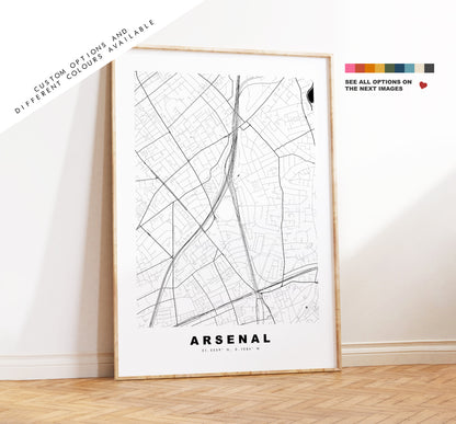 Arsenal Map Print - Minimalist City Map Poster - Map Art - London, UK - Arsenal Print - Arsenal Poster - Different Colours Available