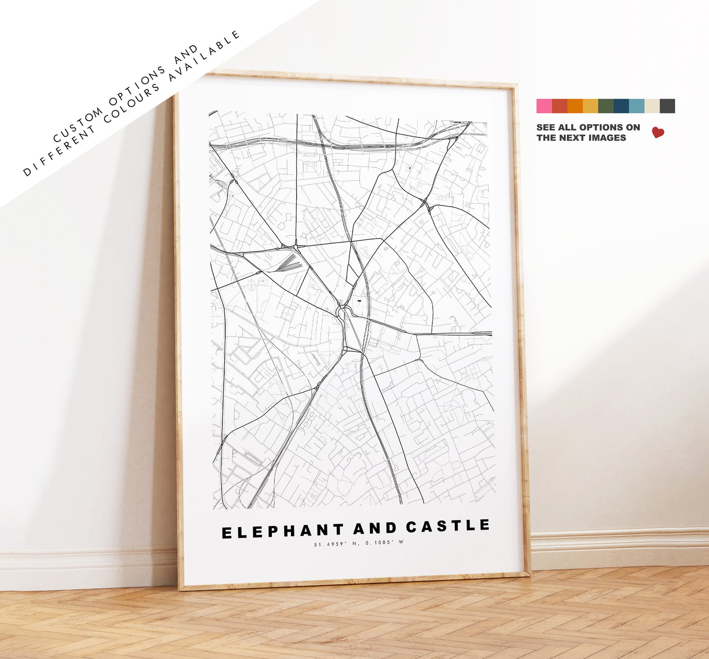 Elephant and Castle Map Print - Minimalist City Map Poster - Map Art - London, UK - Elephant & Castle - Poster - Different Colours Available