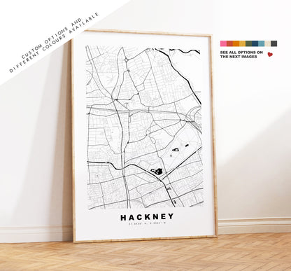 Hackney Map Print - Minimalist City Map Poster - Map Art - London, UK - Hackney Print - Hackney Poster - Different Colours Available