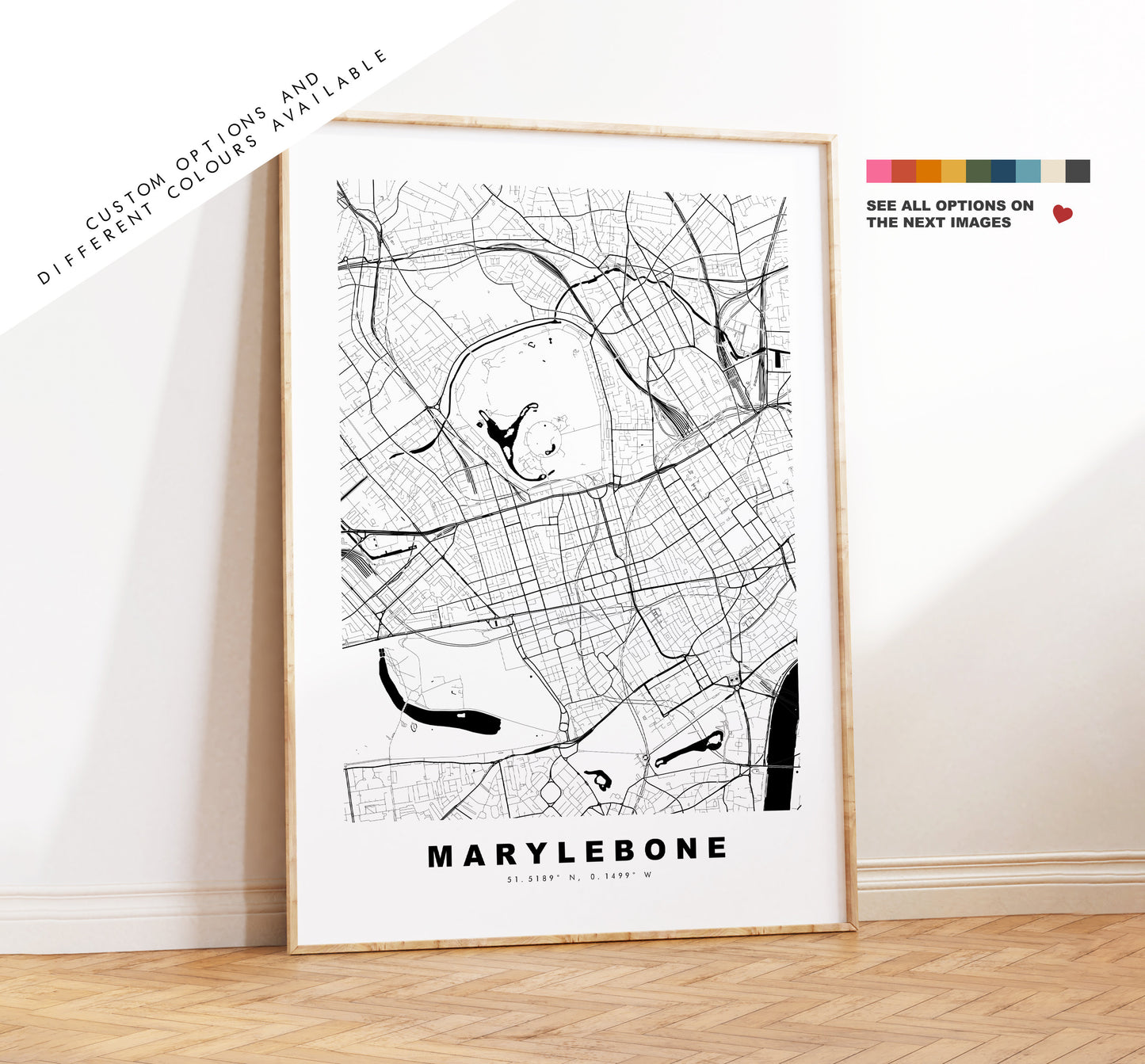 Marylebone Map Print - Minimalist City Map Poster - Map Art - London, UK - Marylebone Print - Poster - Different Colours Available