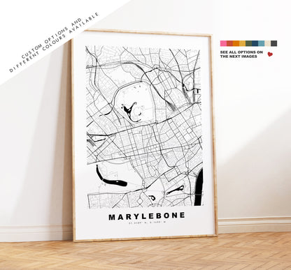 Marylebone Map Print - Minimalist City Map Poster - Map Art - London, UK - Marylebone Print - Poster - Different Colours Available