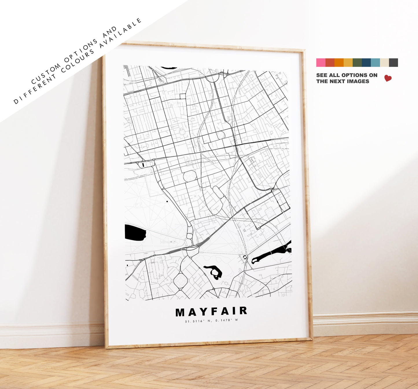 Mayfair Map Print - Minimalist City Map Poster - Map Art - London, UK - Mayfair Print - Mayfair Poster - Different Colours Available