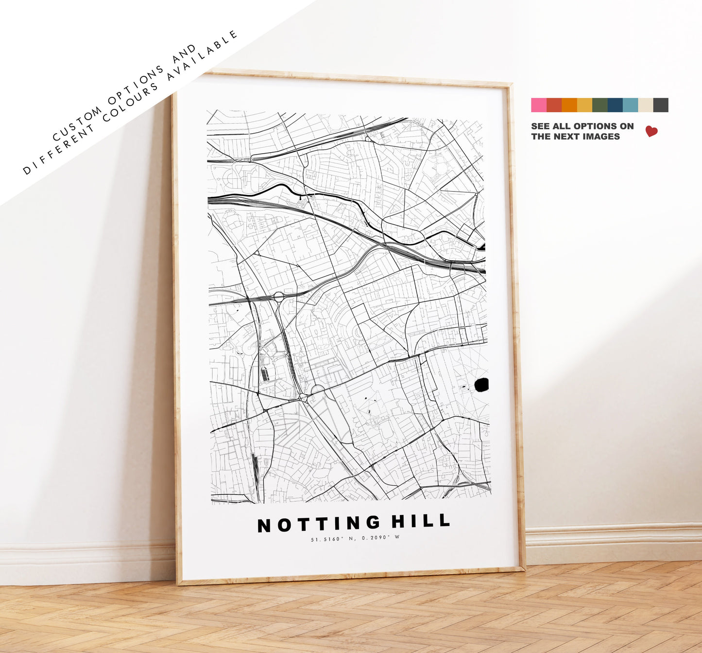 Notting Hill Map Print - Minimalist City Map Poster - Map Art - London, UK - Notting Hill Print - Poster - Different Colours Available