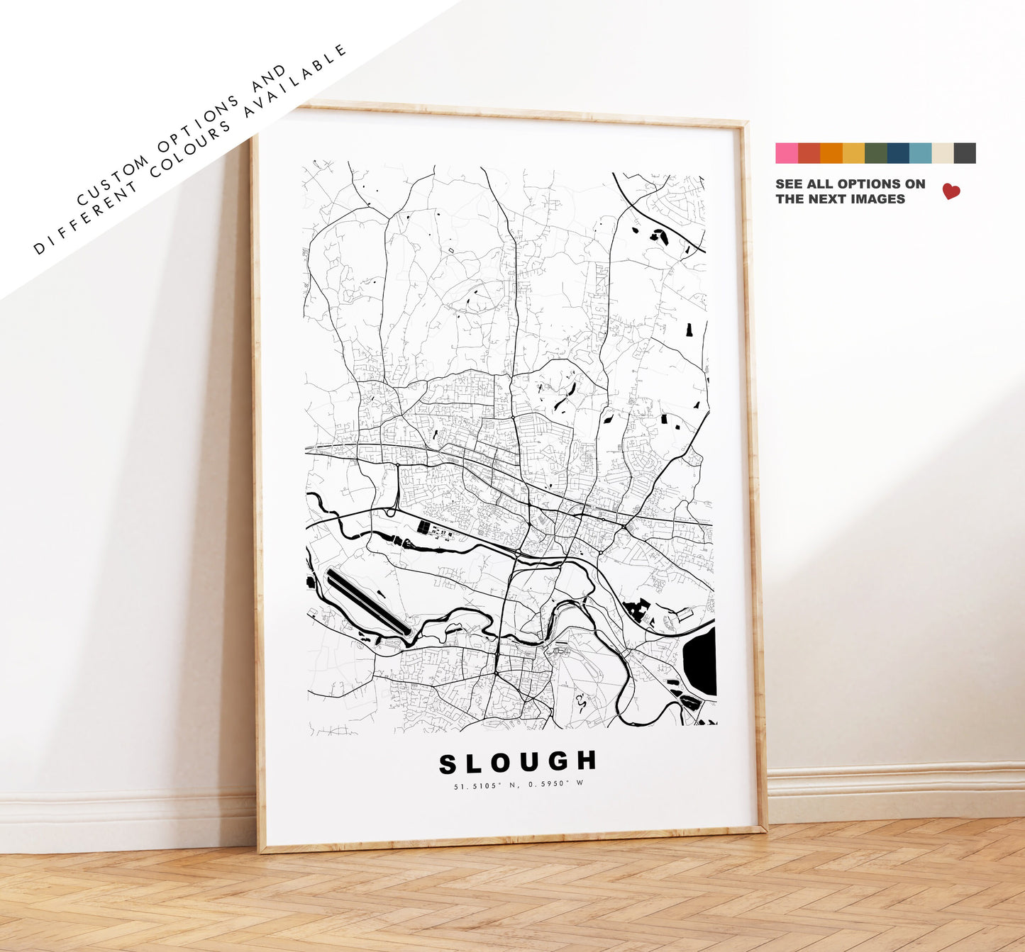 Slough Map Print - Minimalist City Map Poster - Map Art - London, UK - Slough Print - Slough Poster - Different Colours Available