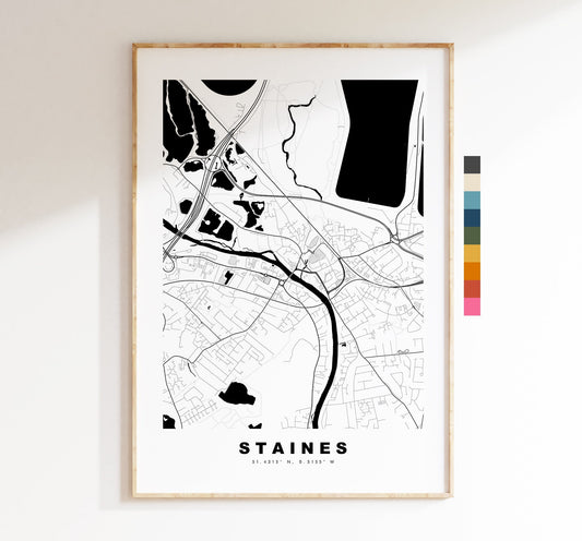 Staines Map Print - Minimalist City Map Poster - Map Art - London, UK - Staines Print - Staines Poster - Different Colours Available