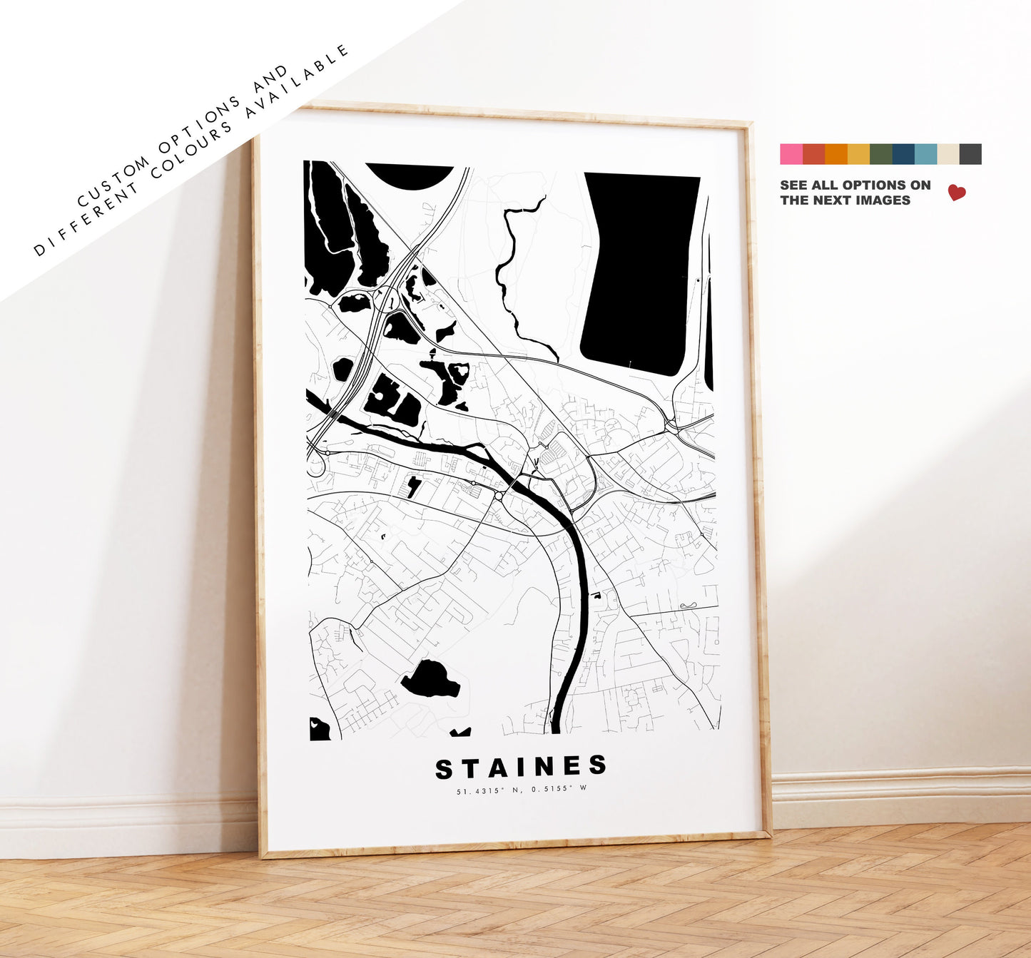 Staines Map Print - Minimalist City Map Poster - Map Art - London, UK - Staines Print - Staines Poster - Different Colours Available