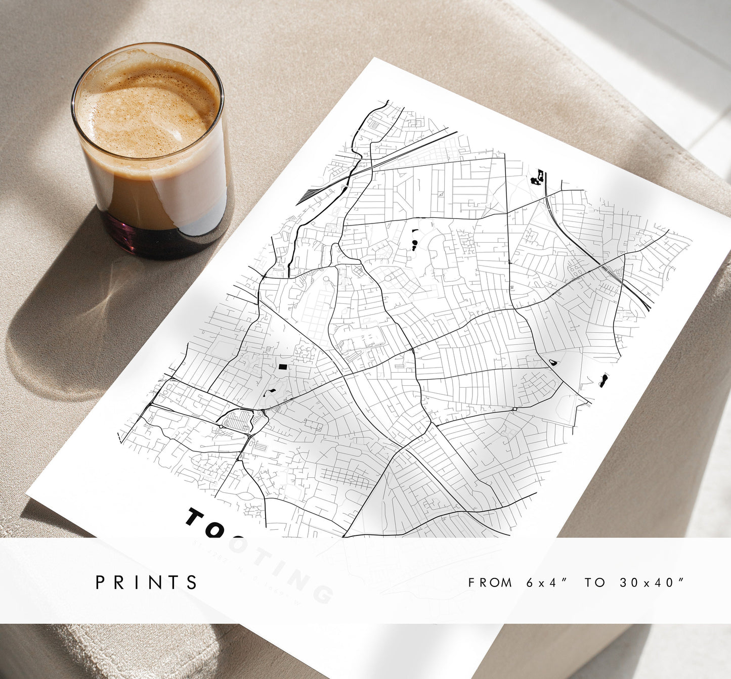 Tooting Map Print - Minimalist City Map Poster - Map Art - London, UK - Tooting Print - Tooting Poster - Different Colours Available