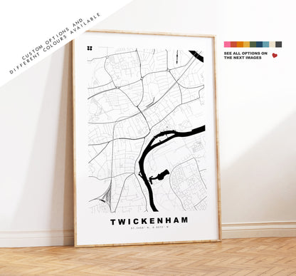 Twickenham Map Print - Minimalist City Map Poster - Map Art - London, UK - Twickenham Print - Poster - Different Colours Available