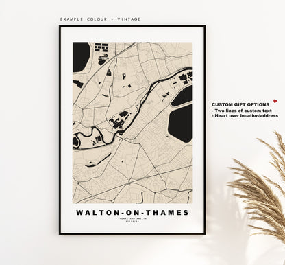 Walton on Thames Map Print - Minimalist City Map Poster - Map Art - London, UK - Walton Print - Poster - Different Colours Available