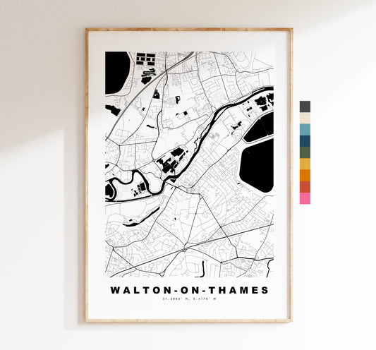 Walton on Thames Map Print - Minimalist City Map Poster - Map Art - London, UK - Walton Print - Poster - Different Colours Available