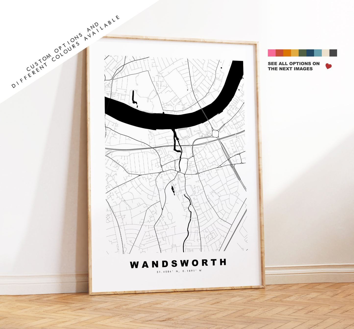 Wandsworth Map Print - Minimalist City Map Poster - Map Art - London, UK - Wandsworth Print - Poster - Different Colours Available