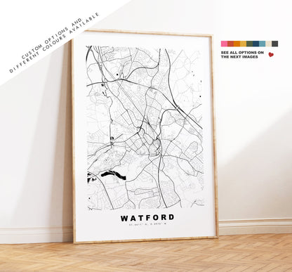 Watford Map Print - Minimalist City Map Poster - Map Art - London, UK - Watford Print - Watford Poster - Different Colours Available