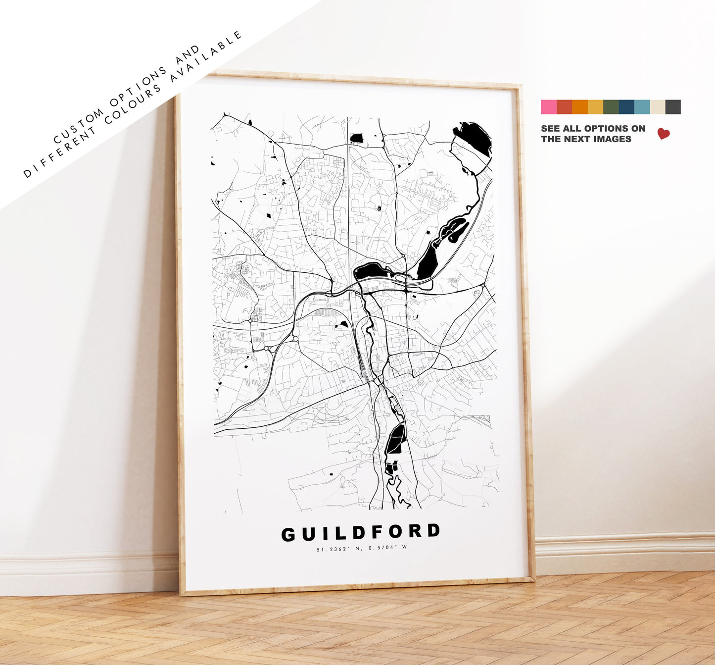 Guildford Map Print - Minimalist City Map Poster - Map Wall Art - UK - Guildford Print - Guildford Poster - Different Colours Available