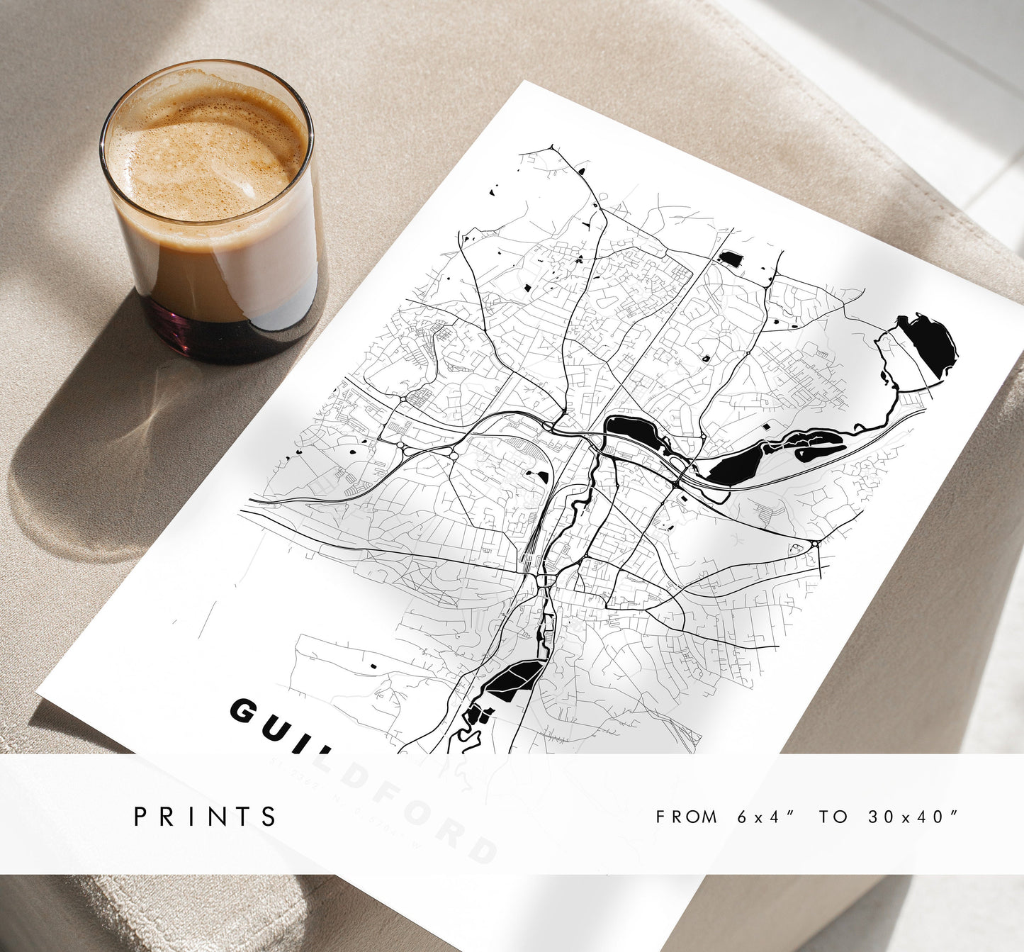 Guildford Map Print - Minimalist City Map Poster - Map Wall Art - UK - Guildford Print - Guildford Poster - Different Colours Available