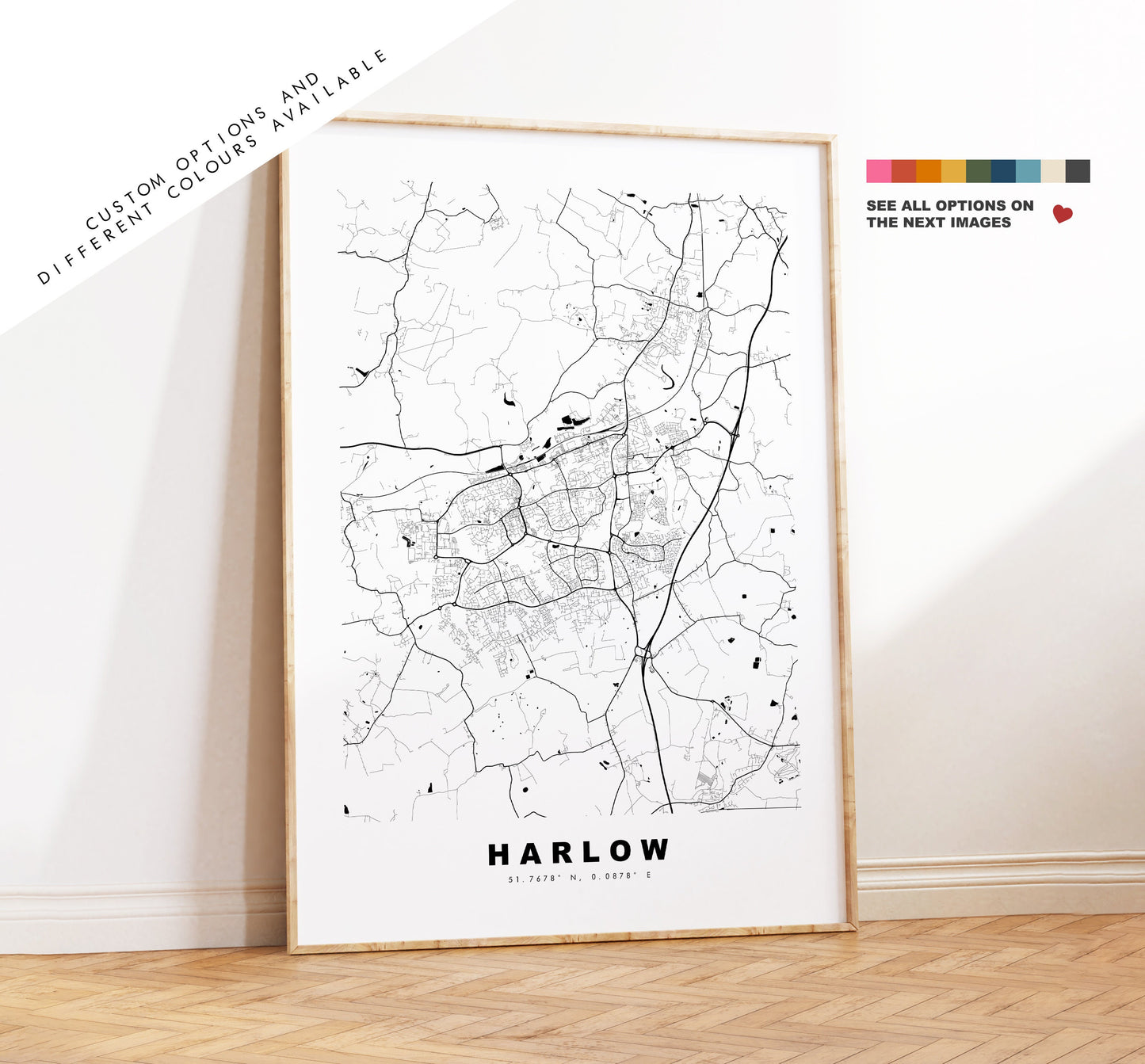 Harlow Map Print - Minimalist City Map Poster - Map Wall Art - UK - Harlow Print - Harlow Poster - Different Colours Available