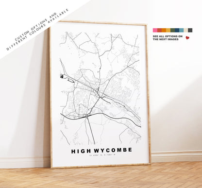 High Wycombe Map Print - Minimalist City Map Poster - Map Wall Art - UK - High Wycombe Print - Poster - Different Colours Available