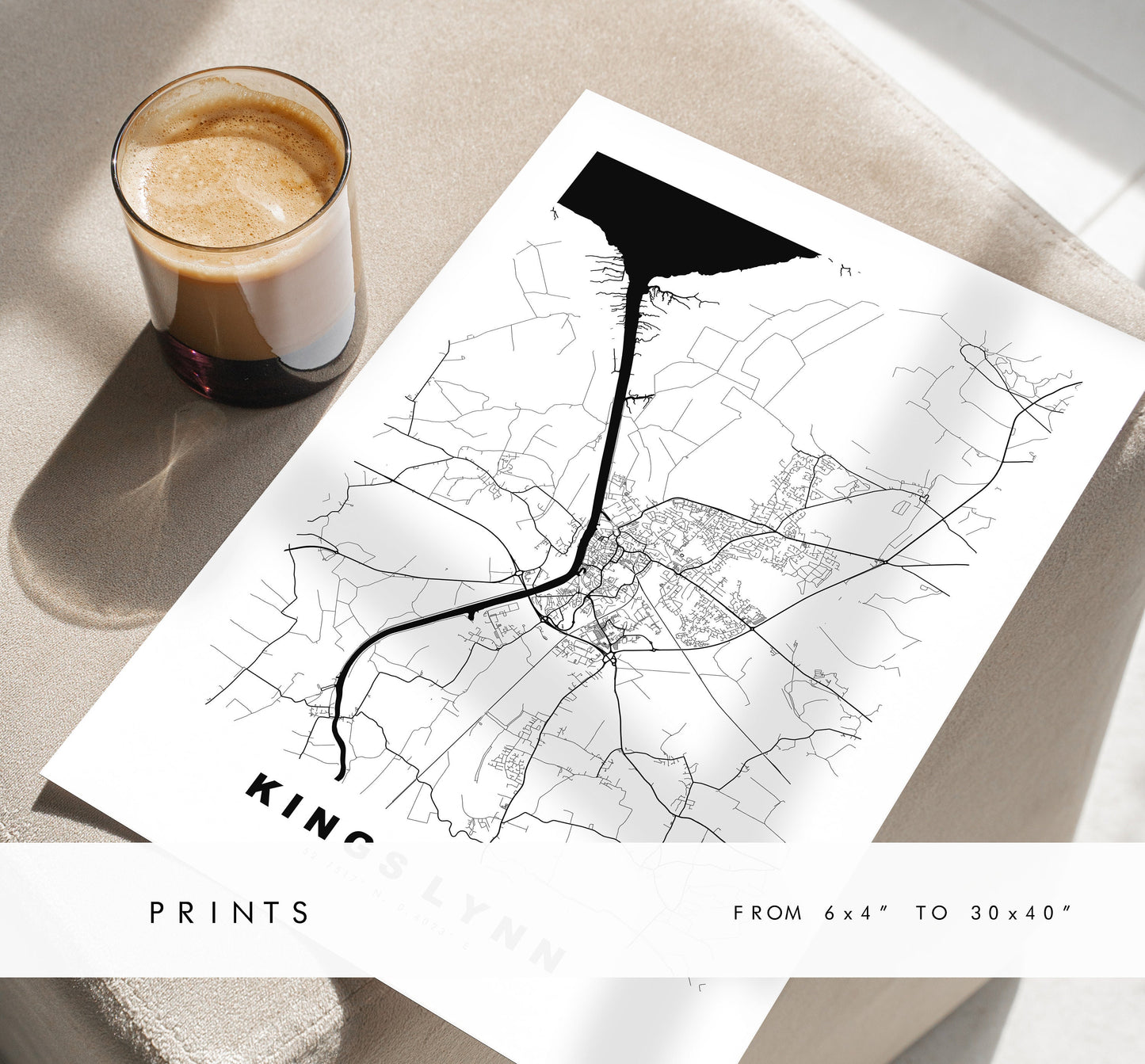 Kings Lynn Map Print - Minimalist City Map Poster - Map Wall Art - UK - Kings Lynn Print - Kings Lynn Poster - Different Colours Available