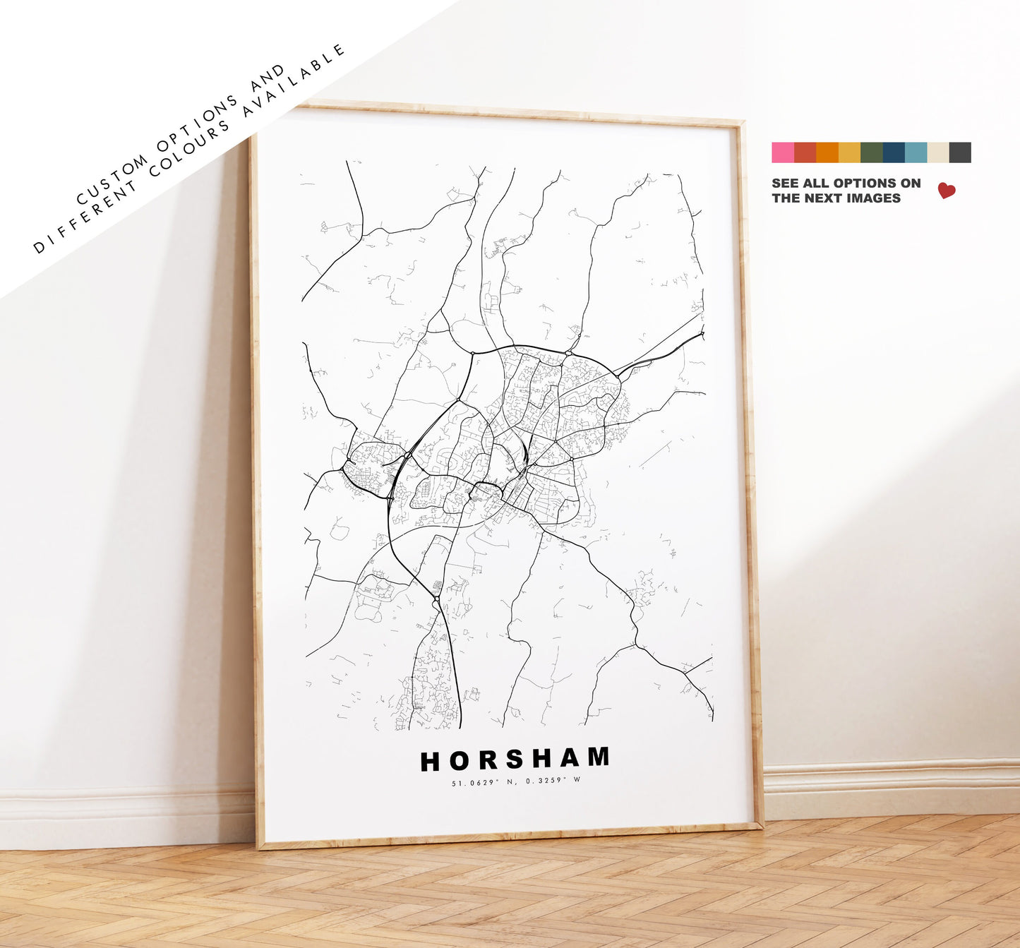 Horsham Map Print - Minimalist City Map Poster - Map Art - UK - Horsham Print - Horsham Poster - Different Colours Available