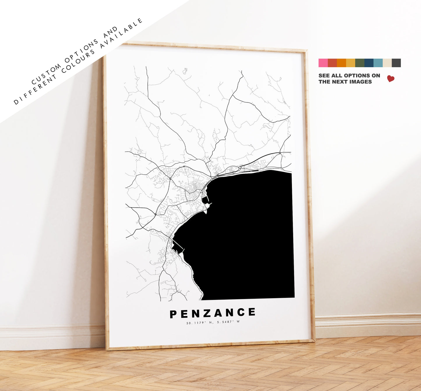 Penzance Map Print - Minimalist City Map Poster - Map Art - UK - Penzance Print - Penzance Poster - Different Colours Available