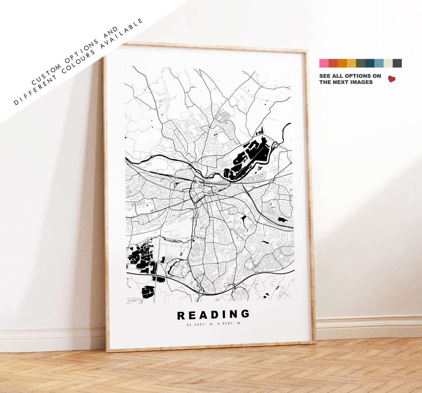 Reading Map Print - Minimalist City Map Poster - Map Art - UK - Reading Print - Reading Poster - Different Colours Available