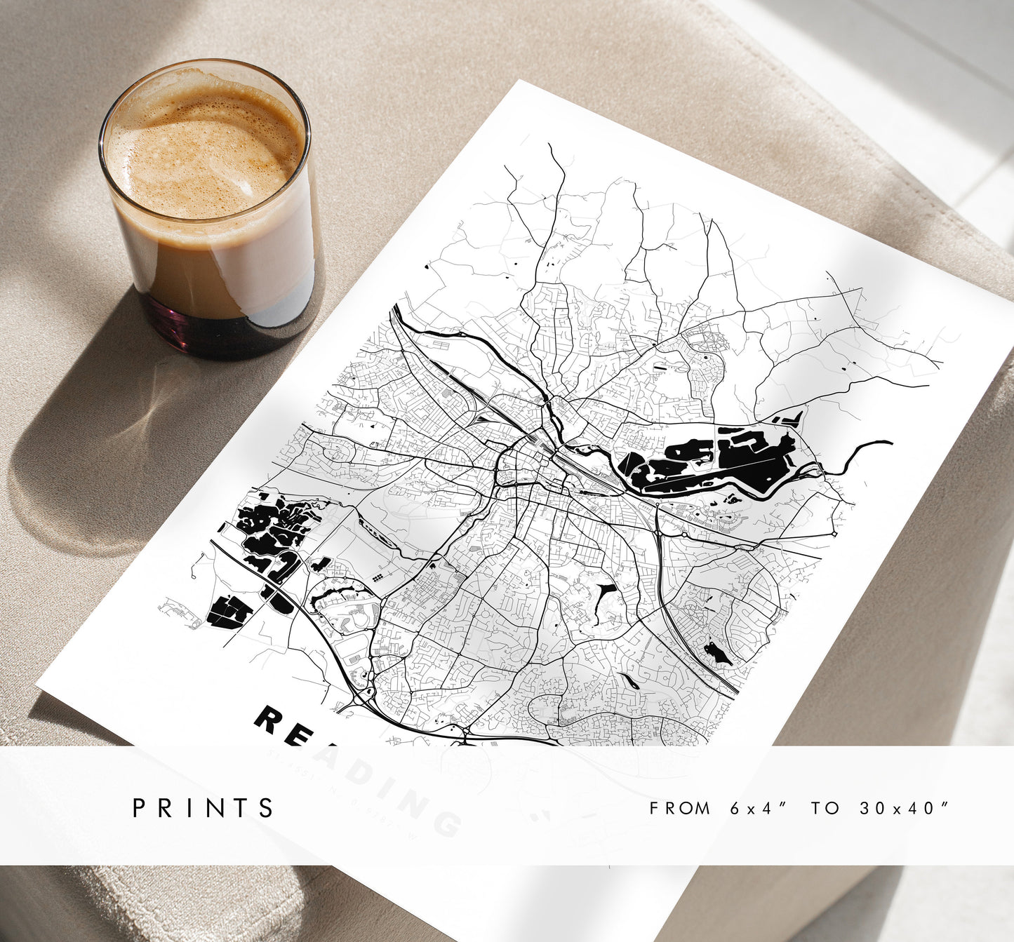 Reading Map Print - Minimalist City Map Poster - Map Art - UK - Reading Print - Reading Poster - Different Colours Available