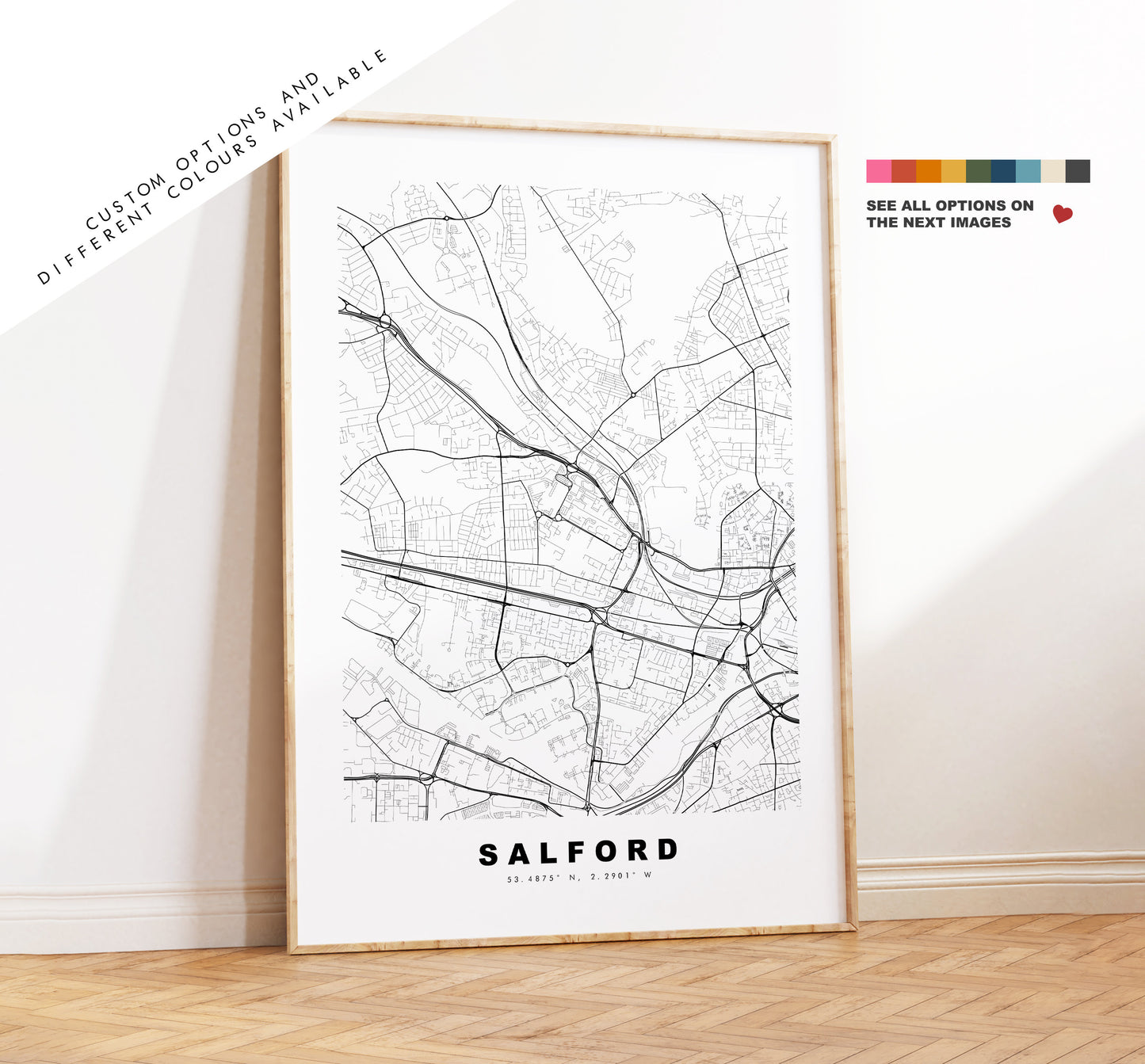 Salford Map Print - Minimalist City Map Poster - Map Art - UK - Salford Print - Salford Manchester - Poster - Different Colours Available