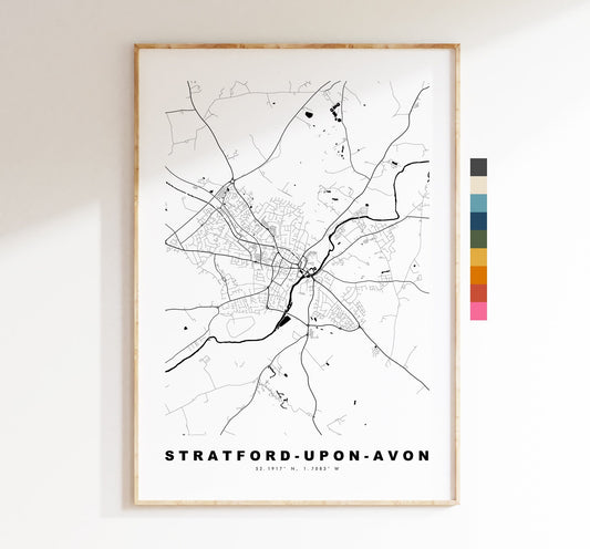 Stratford Upon Avon Map Print - Minimalist City Map Poster - Map Art - UK - Stratford Upon Avon Print - Poster - Different Colours Available