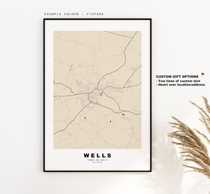 Wells Map Print - Minimalist City Map Poster - Map Art - UK - Wells Print - Wells Poster - Different Colours Available