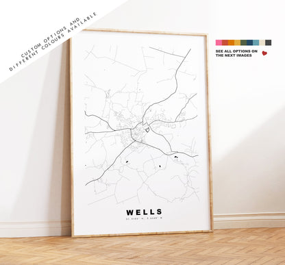 Wells Map Print - Minimalist City Map Poster - Map Art - UK - Wells Print - Wells Poster - Different Colours Available