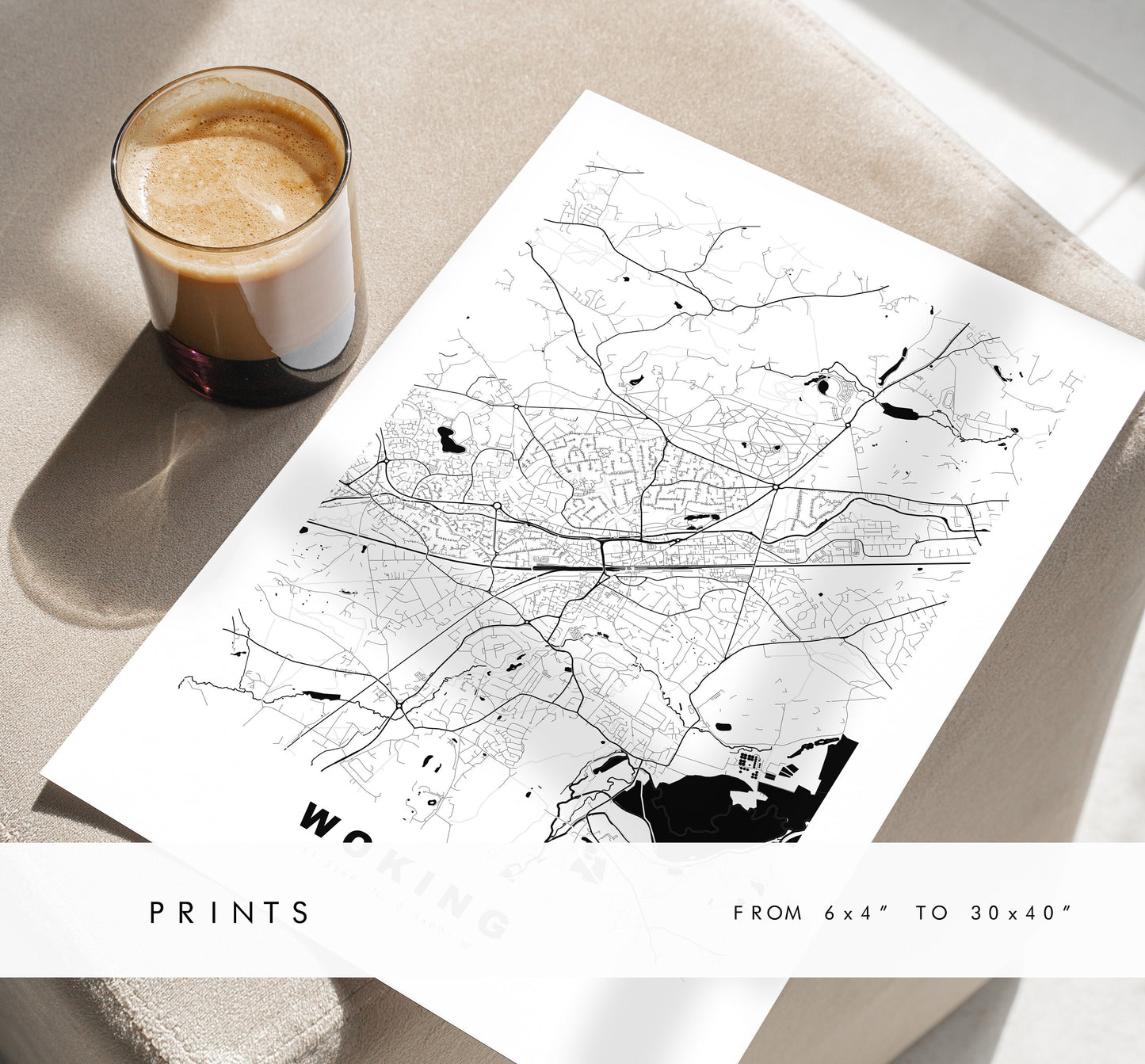 Woking Map Print - Minimalist City Map Poster - Map Art - UK - Woking Print - Woking Poster - Different Colours Available