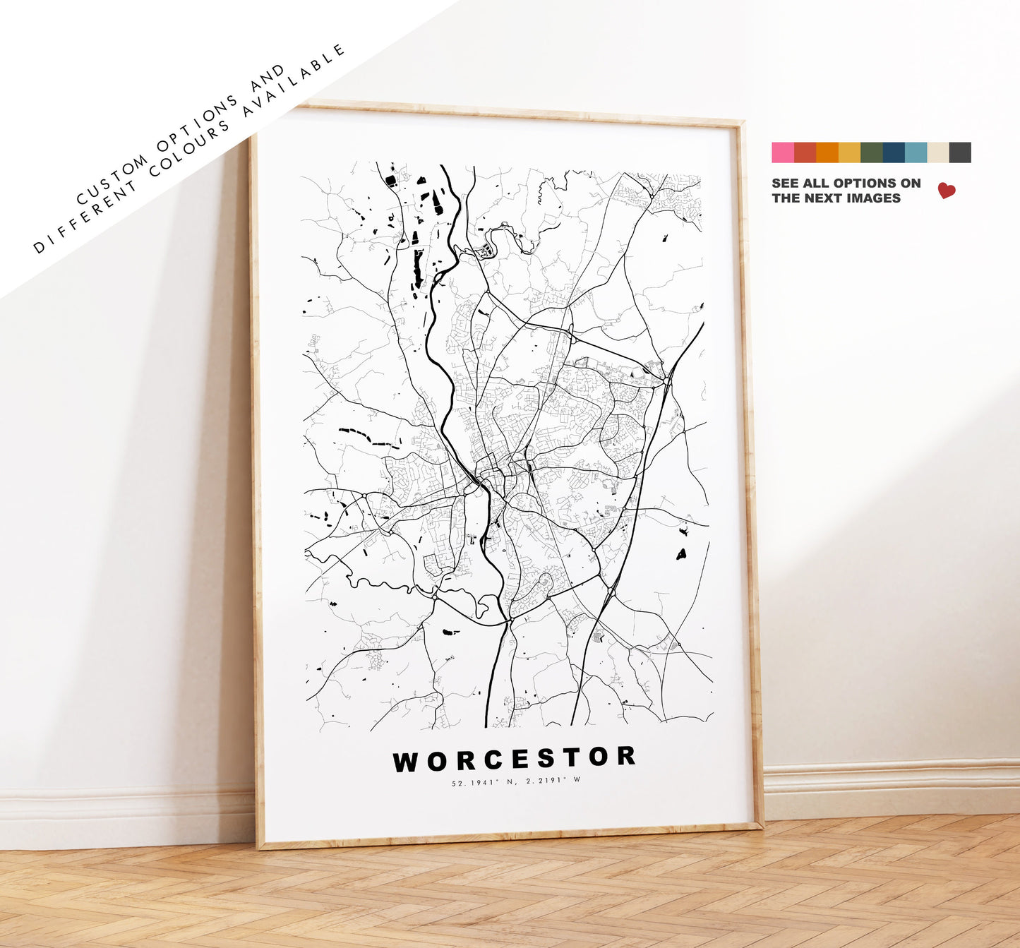 Worcestor Map Print - Minimalist City Map Poster - Map Art - UK - Worcestor Print - Worcestor Poster - Different Colours Available