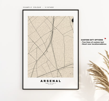 Arsenal Map Print - Minimalist City Map Poster - Map Art - London, UK - Arsenal Print - Arsenal Poster - Different Colours Available