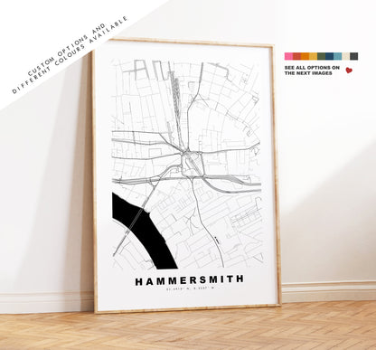 Hammersmith Map Print - Minimalist City Map Poster - Map Art - London, UK - Hammersmith Print - Poster - Different Colours Available