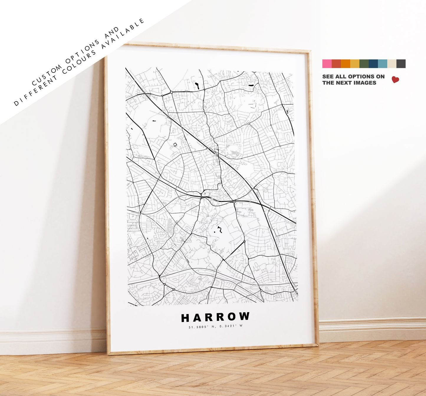 Harrow Map Print - Minimalist City Map Poster - Map Art - London, UK - Harrow Print - Harrow Poster - Different Colours Available