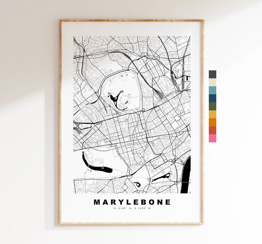 Marylebone Map Print - Minimalist City Map Poster - Map Art - London, UK - Marylebone Print - Poster - Different Colours Available