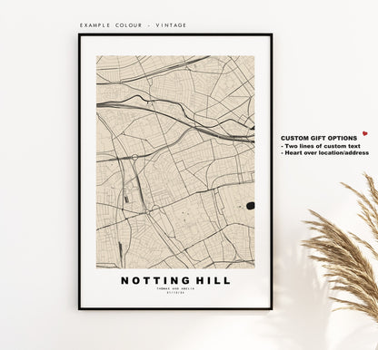 Notting Hill Map Print - Minimalist City Map Poster - Map Art - London, UK - Notting Hill Print - Poster - Different Colours Available