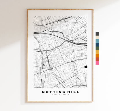 Notting Hill Map Print - Minimalist City Map Poster - Map Art - London, UK - Notting Hill Print - Poster - Different Colours Available