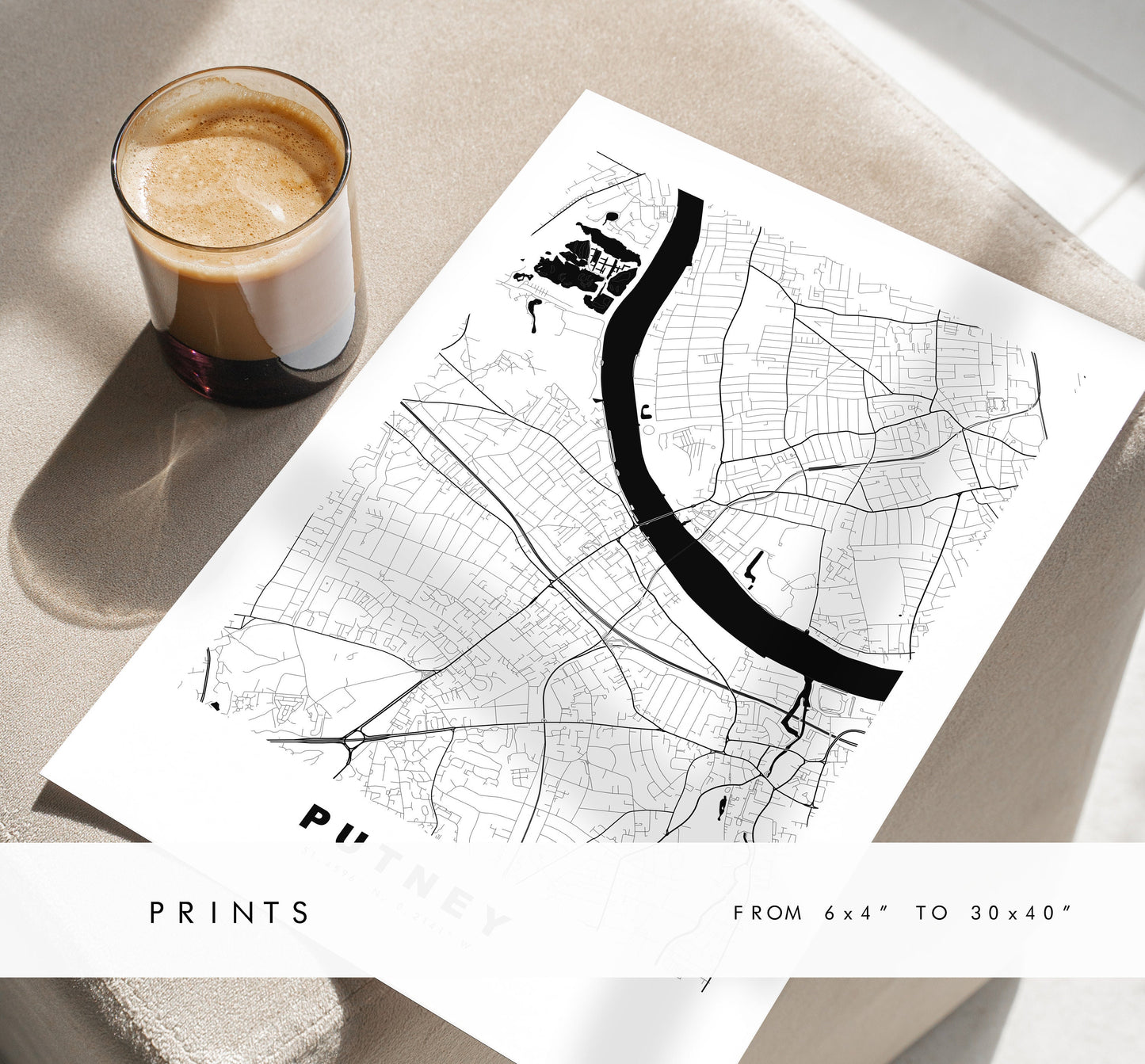 Putney Map Print - Minimalist City Map Poster - Map Art - London, UK - Putney Print - Putney Poster - Different Colours Available