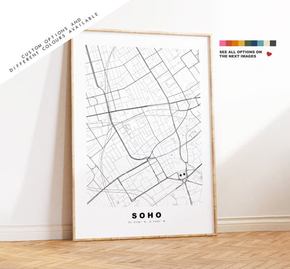 Soho Map Print - Minimalist City Map Poster - Map Art - London, UK - Soho Print - Soho Poster - Different Colours Available