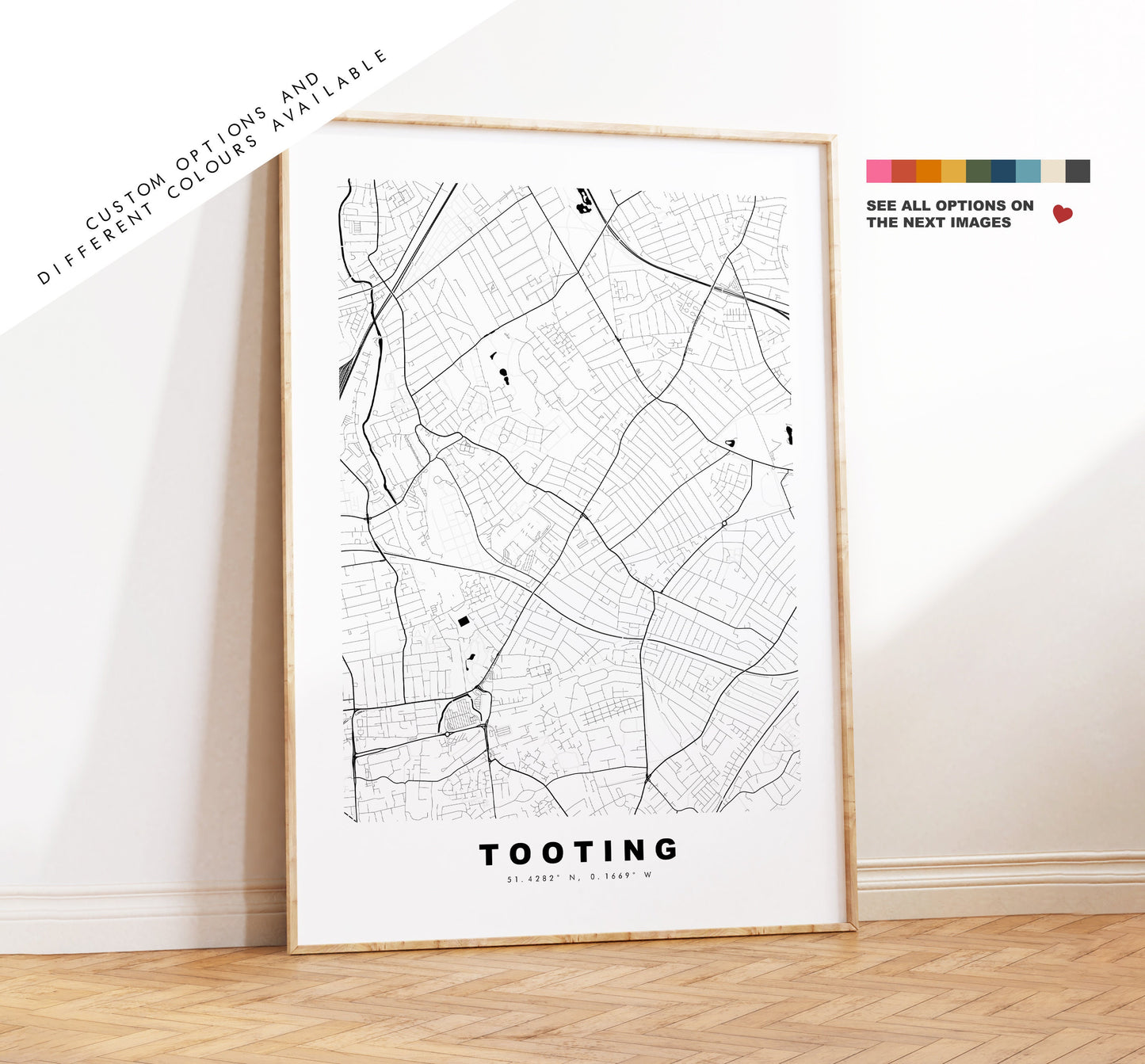 Tooting Map Print - Minimalist City Map Poster - Map Art - London, UK - Tooting Print - Tooting Poster - Different Colours Available