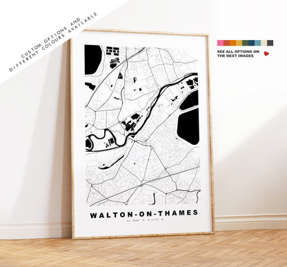 Walton on Thames Map Print - Minimalist City Map Poster - Map Art - London, UK - Walton Print - Poster - Different Colours Available